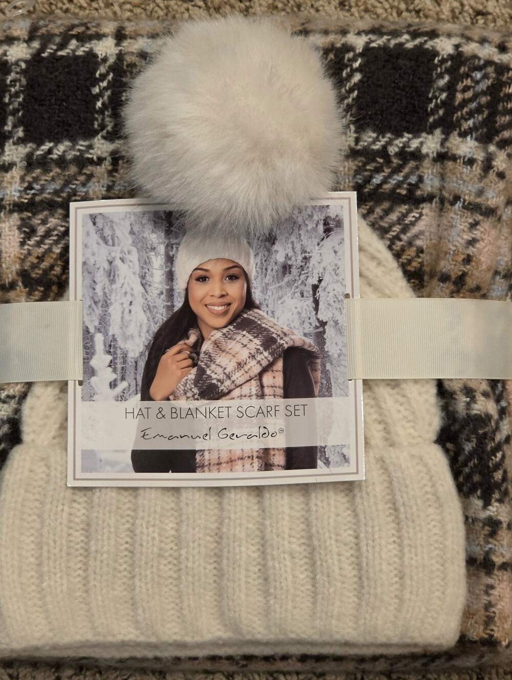 Cream Pom Beanie Hat & Scarf Set